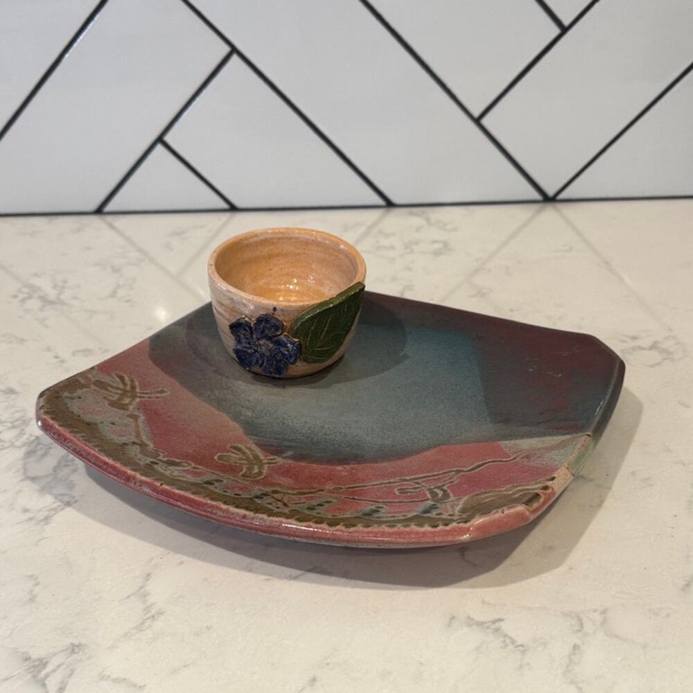 Vintage 90s catch all handmade pottery plater abstract southwestern native